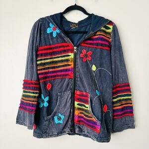 Rising International Rainbow Striped Zip Hoodie Jacket Stone Washed floral SZ M